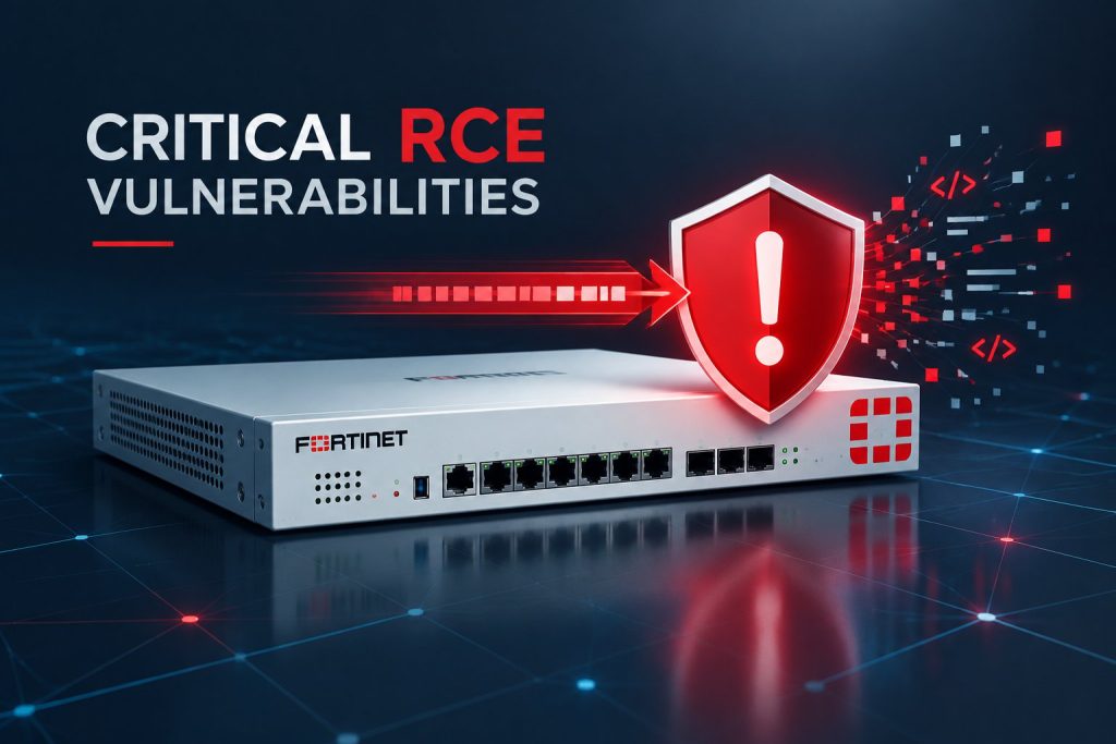 Fortinet appliance hardware graphic with a cybersecurity alert shield detailing critical RCE vulnerabilities.