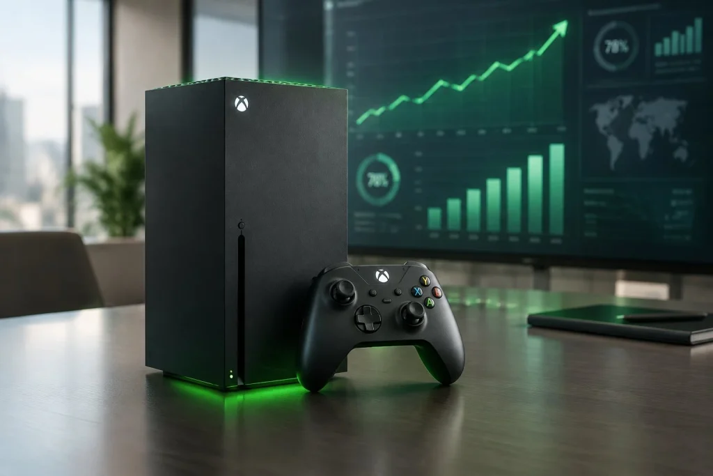 Glowing green Xbox console and wireless controller displayed beside corporate strategic growth charts.