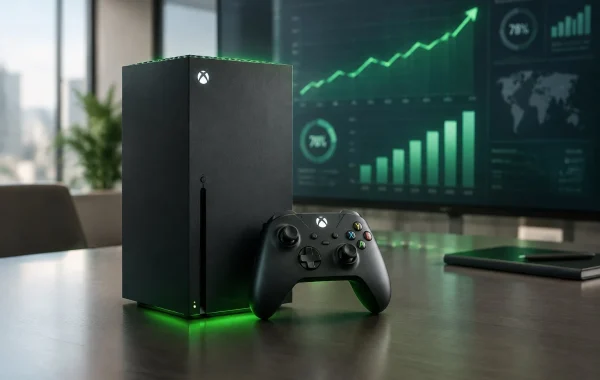 Glowing green Xbox console and wireless controller displayed beside corporate strategic growth charts.
