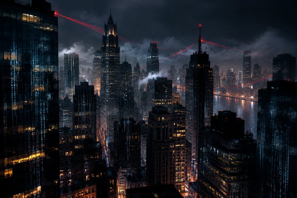 Dark urban skyscraper skyline in Gotham illuminated by surveillance lasers and cybersecurity code.