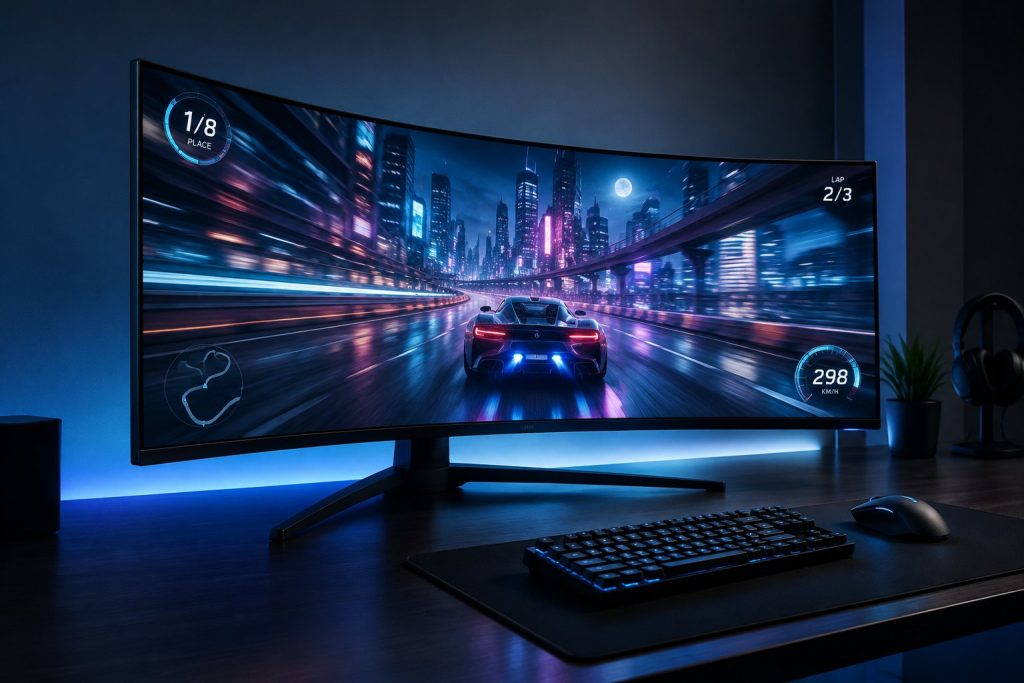 Curved 6K ultrawide gaming monitor showing high-framerate gameplay in a dark setup with ambient lighting.