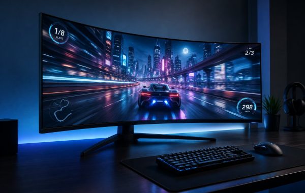 Curved 6K ultrawide gaming monitor showing high-framerate gameplay in a dark setup with ambient lighting.