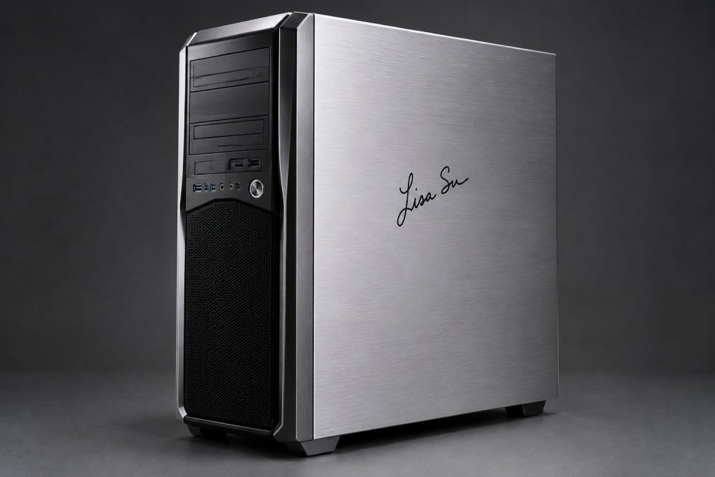 Vintage 2014 AMD enthusiast PC tower featuring Lisa Su authentic autograph on brushed aluminum casing.