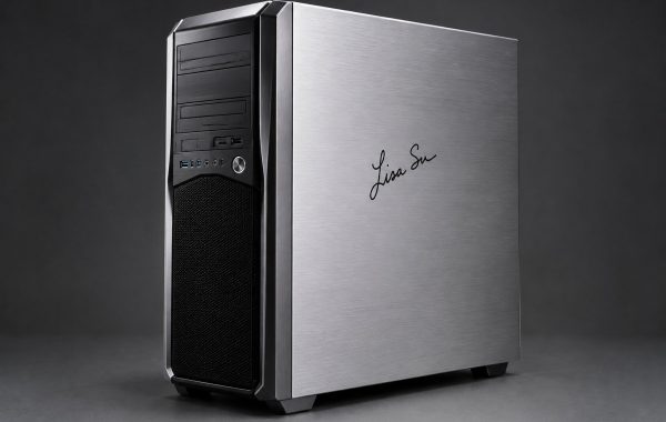 Vintage 2014 AMD enthusiast PC tower featuring Lisa Su authentic autograph on brushed aluminum casing.