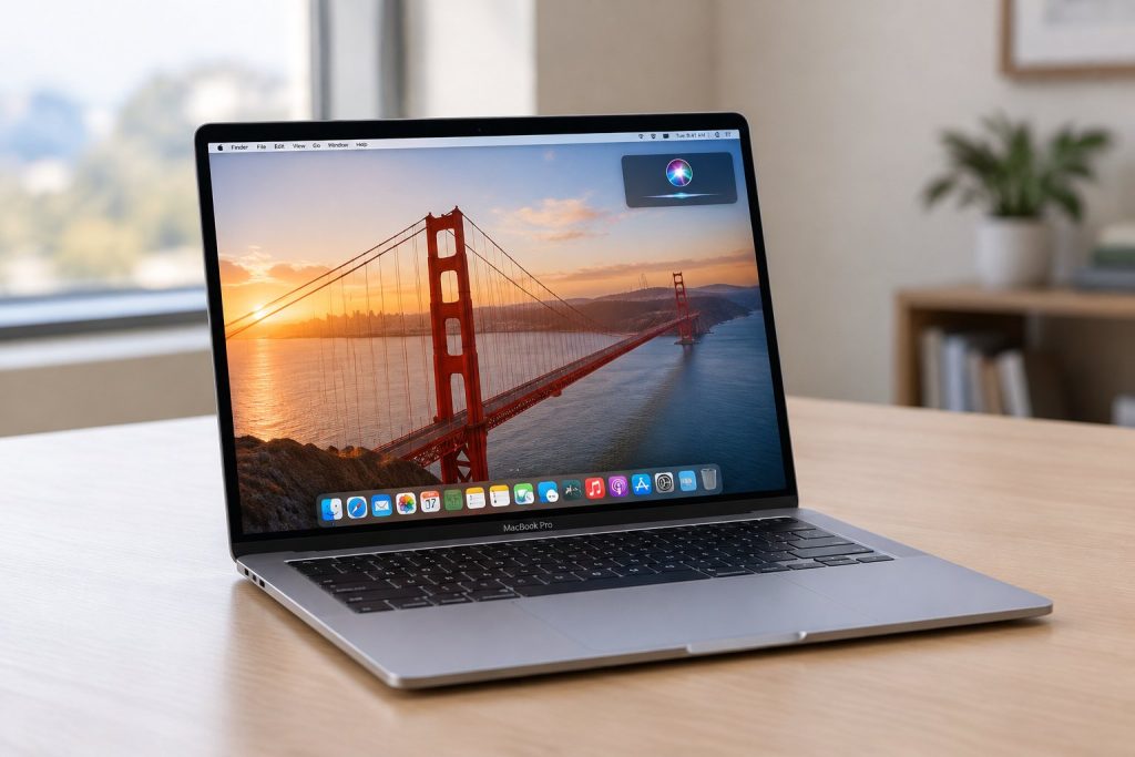 MacBook Pro screen showcasing the macOS 27 Golden Gate desktop wallpaper, Siri interface, and dock.