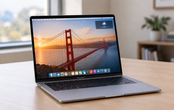 MacBook Pro screen showcasing the macOS 27 Golden Gate desktop wallpaper, Siri interface, and dock.
