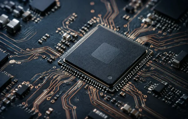Macro close-up of a mobile system-on-chip (SoC) processor with circuit traces on circuit board.