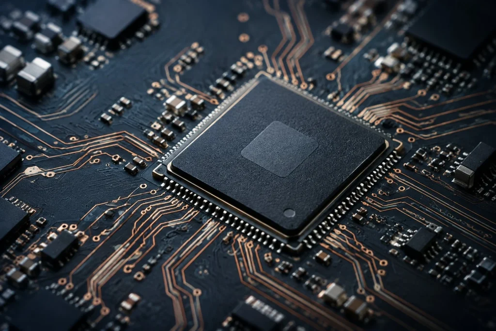 Macro close-up of a mobile system-on-chip (SoC) processor with circuit traces on circuit board.