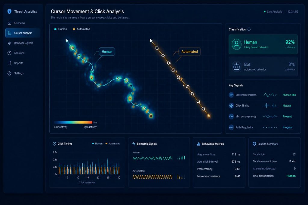 Security interface showing biometric cursor tracking analysis distinguishing human clicks from AI bots.