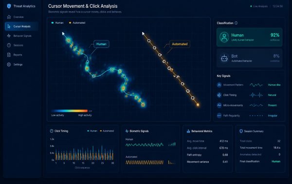 Security interface showing biometric cursor tracking analysis distinguishing human clicks from AI bots.