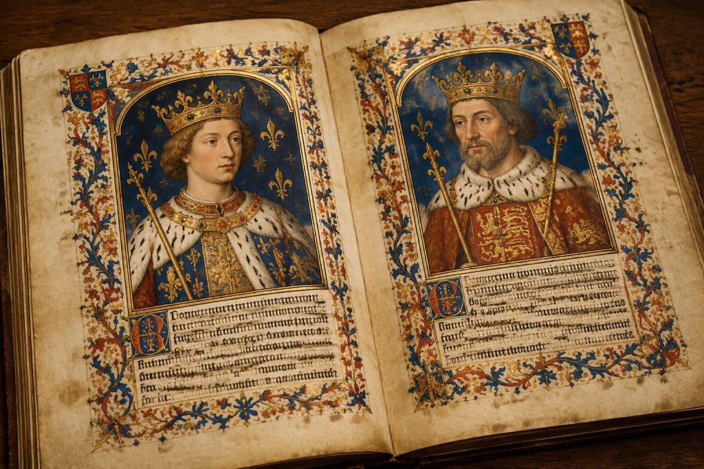 Historical royal parchment manuscript with portraits of English monarchs Richard II and Henry IV.