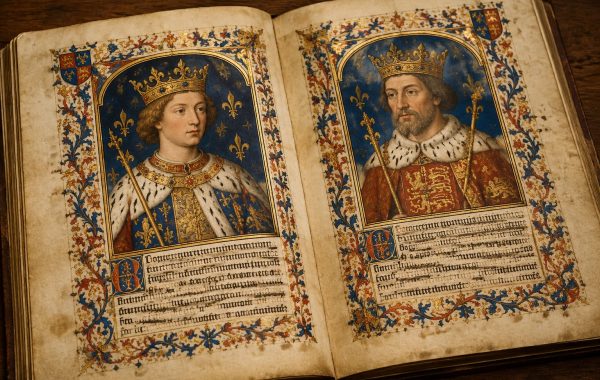 Historical royal parchment manuscript with portraits of English monarchs Richard II and Henry IV.