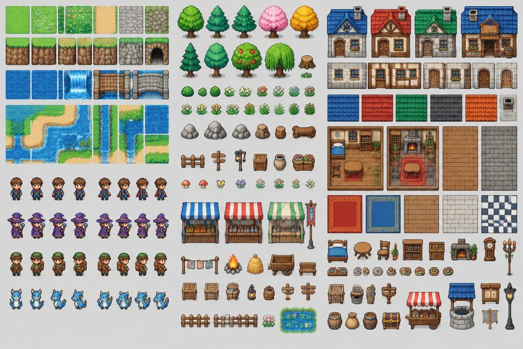 Retro 16-bit RPG Maker sprite tile-map showing custom characters, landscapes, and asset libraries.