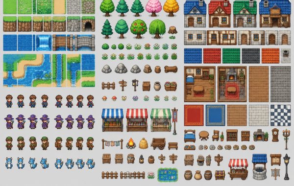 Retro 16-bit RPG Maker sprite tile-map showing custom characters, landscapes, and asset libraries.
