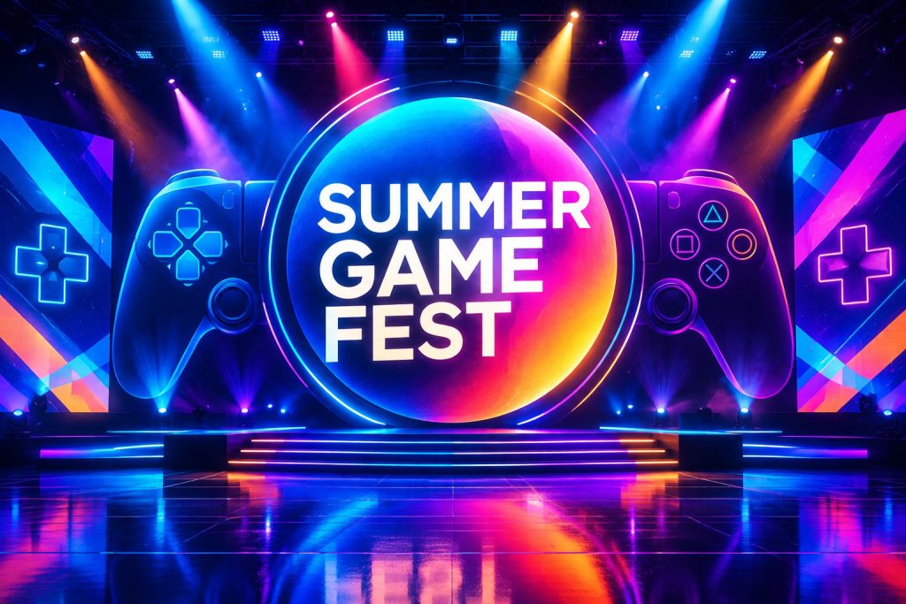 Summer Game Fest stage logo illuminated with colorful stage lights and gaming controller graphics.