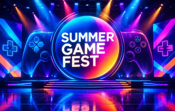 Summer Game Fest stage logo illuminated with colorful stage lights and gaming controller graphics.