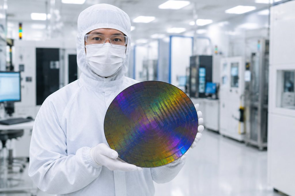 Cleanroom technician at TSMC semiconductor fabrication plant holding a 300mm silicon wafer.